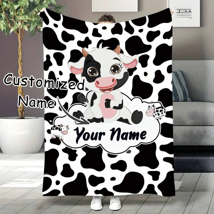 1pc Customized Personalized Fleece Blanket With Cow Picture, Soft And Cozy Flannel Blanket, Suitable For Adults At Home/Picnic/Travel, Great Gift For Friends And Family To Keep Warm - Multicolor - View 1