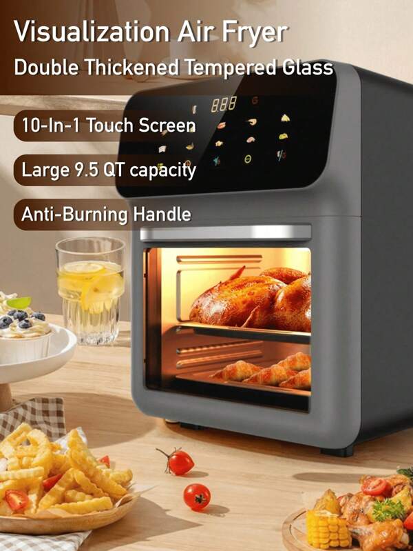 Freidora de aire con visualización - Tamaño familiar de 15L con ventana de visualización, control digital de un toque con 10 ajustes predefinidos, antiadherente y apto para lavavajillas, asar, asar, deshidratar, hornear, apagado automático, acero inoxidable