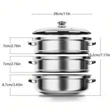 1pc Extra-Large Stainless Steel Double-Layer Steamer Set With Glass Lid - Thick, Integrated Design For Restaurant Use - Three Floors - View 4