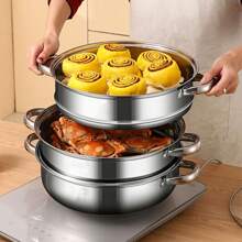 1pc Extra-Large Stainless Steel Double-Layer Steamer Set With Glass Lid - Thick, Integrated Design For Restaurant Use - Three Floors - View 2