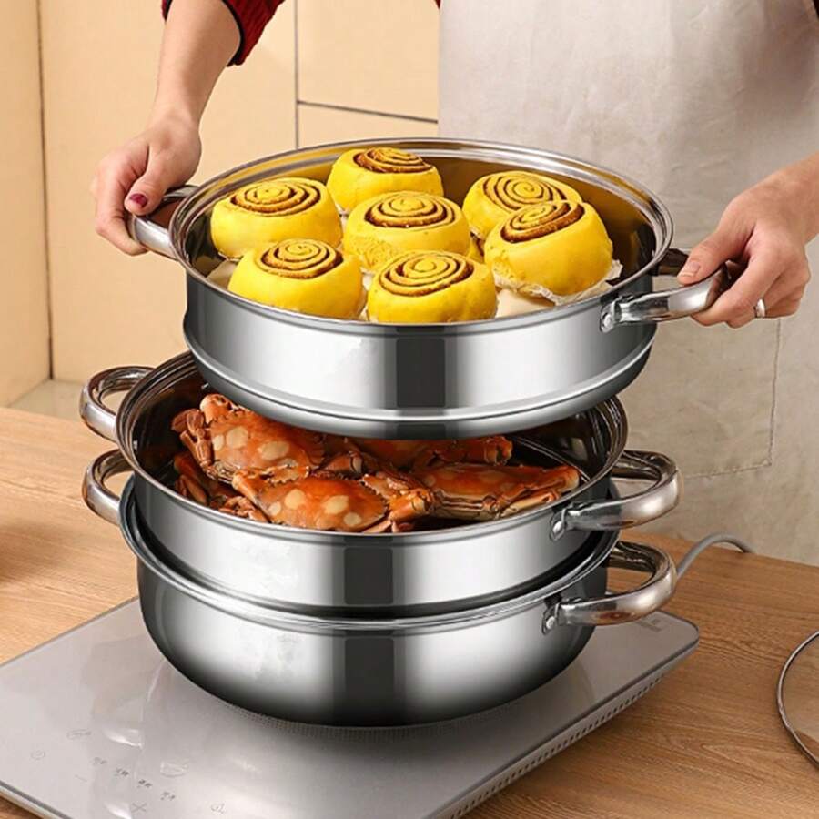 1pc Extra-Large Stainless Steel Double-Layer Steamer Set With Glass Lid - Thick, Integrated Design For Restaurant Use