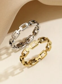 1pc,2pcs Stainless Steel Fashionable And Simple Style Women's Golden And Silver Rectangular Hollow Ring Set, Suitable For Women's Daily Wear Or Gift Giving - Multicolor - View 16
