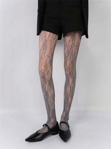 New Vintage French Floral Rose Design Stockings, Brown Lace Openwork Pantyhose, Sexy Black Fishnet Stockings For Women Valentine's Day - Grey - View 5