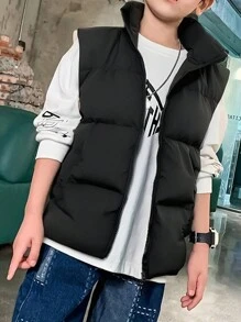 1 bucată Tween Boy, lejer, ocazional, de zi cu zi, culoare uni, jachetă cu guler îngroșat - Negru - Vizualizare 6