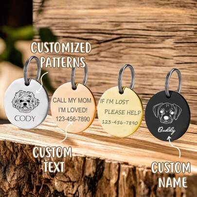 1 pieza Etiqueta de identificación personalizada con retrato de perro - Etiqueta de collar de perro y gato con logotipo y número grabados de forma personalizada
