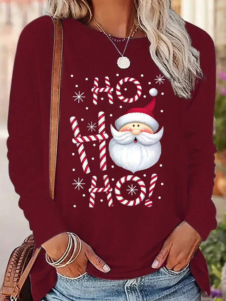 Santa Claus Slogan Print Round Neck Casual Long Sleeve T-Shirt - Burgundy - View 1