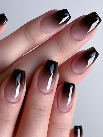 24pcs Glossy Short Coffin Shaped Press-On Nail Stickers, Pink & Black Ombre French Style, Reusable Artificial Nails, Suitable For Women And Girls Nail Art Supplies