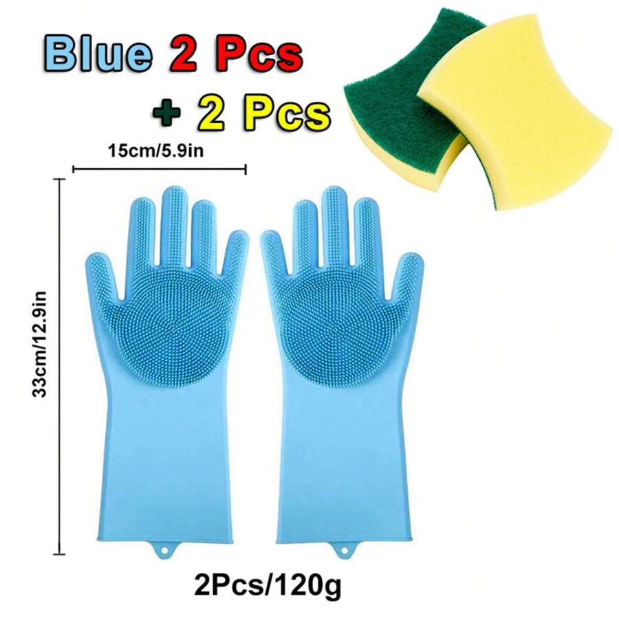 4 件清洁套装，包括 2 双厚清洁手套和 2 个清洁海绵。1 双耐用硅胶仿皮手套，防水，适用于家务、洗菜、洗碗、耐磨厨房洗碗手套。