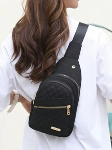 Versatile Fashion Embroidered Plaid Women's Diagonal Shoulder Chest Bag - Black - View 5