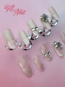 Thêm một chút lãng mạn với bộ móng tay giả hình bầu dục phong cách Bắc Âu màu hồng Pháp 10 chiếc làm thủ công chất lượng tốt theo phong cách Châu Âu thanh lịch màu hồng nhạt lấp lánh với trang trí ba chiều 3D trang trí bằng đá giả che phủ toàn bộ móng tay giả cho phụ nữ và trẻ em gái Bộ móng tay giả phù hợp cho đám cưới dành cho phụ nữ và trẻ em gái 1 giũa móng tay mini và 1 tờ keo dán - Màu Hồng baby - Xem 6