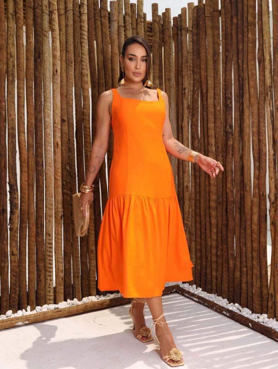 Elegant Linen Dress, Lined - Orange - View 1