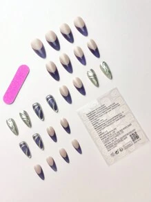 24 件/套银色珠光 3D 线条设计细高跟假指甲，包括 1 件凝胶清漆和 1 件指甲锉，适合女性和女孩的美甲配件，适合户外活动、下午茶和聚会约会 - 彩色 - 查看 2