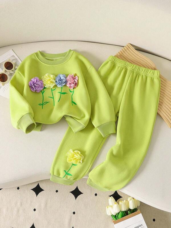 Set de 2 piezas de sudadera informal con estampado floral + pantalones a juego para niñas jóvenes