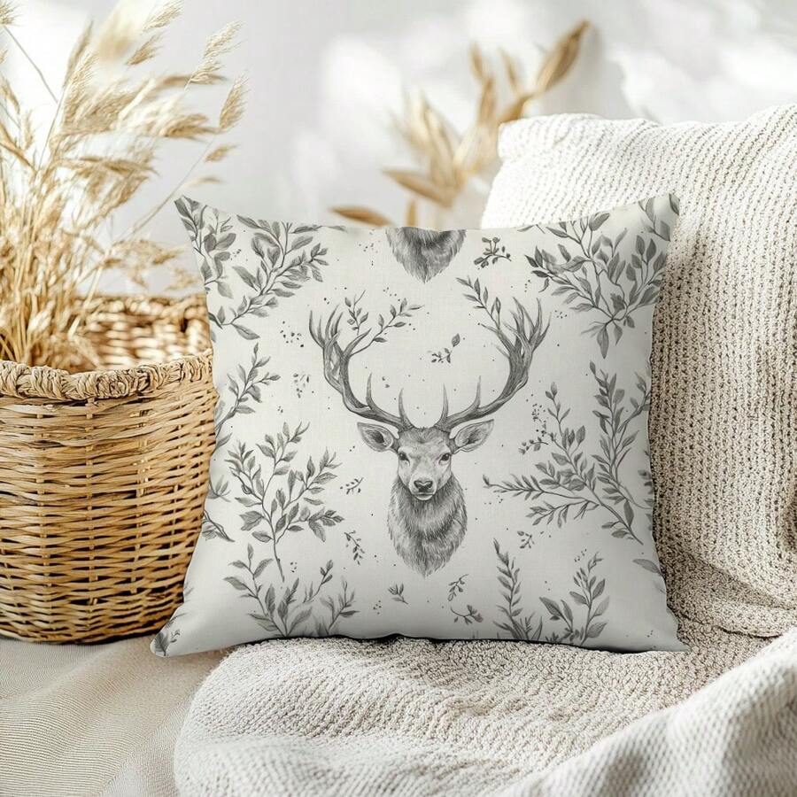 1 件极简主义复古乡村树叶和鹿装饰抱枕套，柔软的桃色天鹅绒面料，单面印花，40*40/45*45/50*50 厘米枕套，圣诞礼物
