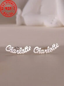 [Customized] 4.5g 925 Sterling Silver, 1 Pair Personalized Text Engraved Stud Earrings, Minimalist & Versatile Earring Accessory, Valentine's Day, Christmas Engraved Gift (Custom Note Can Only Be Provided In English, Other Languages Will Be Translated Into English)