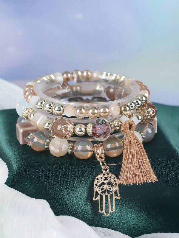 3 Stücke bohemisches mehrlagiges Perlenarmband Set mit Quaste & Palmen Anhänger, dehnbare & stapelbare Armbänder, unisex Sommer Strand Schmuck handgemachtes Perlenarmband Set