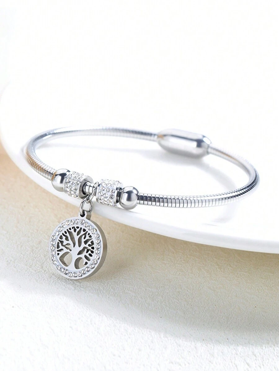 1 pieza Pulsera elegante con colgante en forma de árbol dorado con diamantes incrustados para mujeres, adecuada para banquetes - Plateado - Ver 1