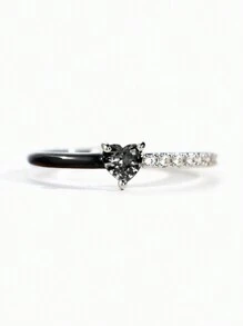 1pc New White Heart Zirconia Stone Embellished Ring, Engagement Jewelry Accessory Suitable For Women, Gift For Family/Friends/Couple Valentines,Mom,Mother,Mother's Day,Gift - Black + Black - View 4