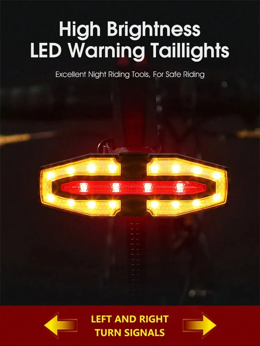 1 件遥控自行车转向信号尾灯，USB 可充电山地自行车尾灯，带蜂鸣器警报