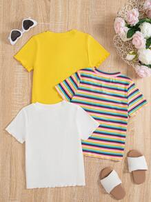 Set de 3 piezas de blusa floral de manga corta acanalada informal + camisa acanalada de color para niña joven - Amarillo - Ver 2