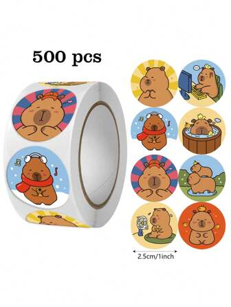 500张/卷可爱水豚图案贴纸，防水自粘，适用于日记、笔记本、信封、礼物、学校和办公用品、DIY装饰、卡通贴纸、学校用品、返校