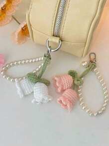 手工编织花朵背包/书包/钱包吊坠，手工针织花朵钥匙扣包饰，仿珍珠装饰手链/钥匙扣/钥匙圈，钩针花朵饰品女士礼物，钩针花朵手链钥匙扣可爱编织钱包包背包车钥匙饰物配件手机挂绳女士女孩礼物情人节 - 彩色 - 查看 4