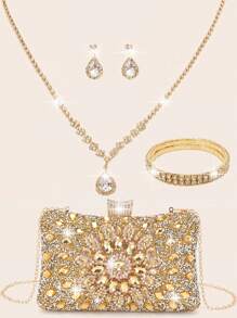LETODE 4 Pieces Rhinestone Jewelry Bling Necklace Earrings Bracelets Set For Women Bridal Wedding Sparkling Clutch For Women Prom With Detachable Metal Chain For Wedding And Party Bag For Women Clutch Purses For Ladies Bag Versatile Glitter Bag Cocktail Party Wedding New Wallet Banquet Bag For Bride And Bridesmaids - 金色 - 查看 1