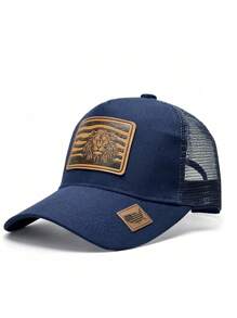 1pc Prairie Series, Retro Leather Label Lion Pattern, Showing Strength And Majesty, Fashionable Outdoor Baseball Mesh Cap