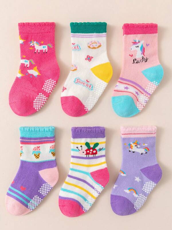 6pairs Anti-slip Cartoon Unicorn Series Baby Socks With Grips On Bottom For Toddler Girls