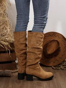 Women's Chunky Mid Heel Pleated Mid-Calf Boots, Women Solid Color Fashion Boots, Comfortable Pull-On Knee High Heels Boots - Brown - View 6