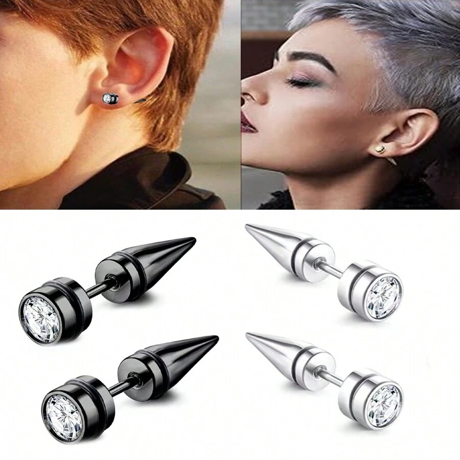 2 Cặp Bông Tai Đinh Hình Nón Bằng Thép Không Gỉ, Bông Tai Xỏ Lỗ Punk Đơn Giản Thời Trang Unisex - bông tai - Xem 1