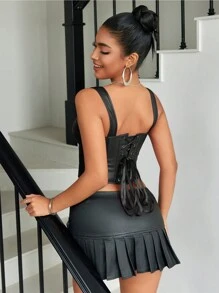 Vintage Decote Quadrado Pu Desossado Ilhós Frente Renda Para Cima Costas Overbust Shapewear Espartilho Curto Tanque Cami Top