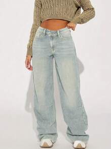 排扣设计男友风浅蓝色复古牛仔直筒裤女秋季休闲阔腿牛仔裤 - 淺色水洗藍 - 查看 3