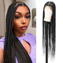 Black Knotless Box Braided Wigs For Women 36" Super Long Braided Lace Wigs Synthetic Braided Lace Front Wigs Embroidery Full Double Lace Braid Wig With Baby Hair - Black - View 7
