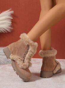 Mode Lässig Dicke Warme Damen Beige Stiefel/Schneestiefel, Modisch vielseitige Kunstvelours Fleece Neue Weiche Bequeme Frühling Herbst Winter Beige Weiß Schwarz Leopard Schnürung Flauschige Stiefel Kurzschaft Stiefel Motorradstiefel (Zufällige Farbe)