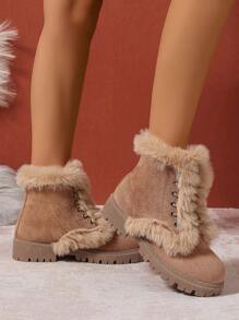 Mode Lässig Dicke Warme Damen Beige Stiefel/Schneestiefel, Modisch vielseitige Kunstvelours Fleece Neue Weiche Bequeme Frühling Herbst Winter Beige Weiß Schwarz Leopard Schnürung Flauschige Stiefel Kurzschaft Stiefel Motorradstiefel (Zufällige Farbe)
