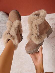 Mode Lässig Dicke Warme Damen Beige Stiefel/Schneestiefel, Modisch vielseitige Kunstvelours Fleece Neue Weiche Bequeme Frühling Herbst Winter Beige Weiß Schwarz Leopard Schnürung Flauschige Stiefel Kurzschaft Stiefel Motorradstiefel (Zufällige Farbe)