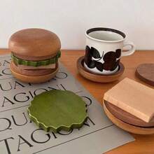 6pcs Anti Slip Burger Insulated Coaster Creative Home Burger Shape Living Room Desktop Decoration Tea Cup Solid Wood Coaster Gifts Birthday Graduation