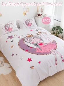 Juego de ropa de cama de 3 piezas con estampado de luna y estrellas para niñas, estilo princesa en colores pastel de poliéster, funda nórdica y funda de almohada, adecuado para todas las estaciones, ideal para el Día de San Valentín