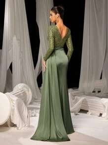 Faeriesty 优雅撞色亮片垂坠侧边鱼尾下摆晚礼服、派对礼服、婚礼宾客礼服、正式礼服、长袍 - 橄欖綠 - 查看 3