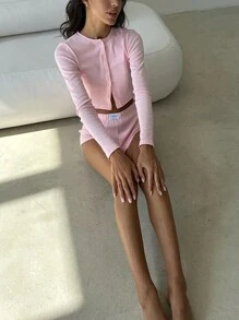 2pcs Women Autumn Solid Color Casual Fashion Minimalist Round Neck Single Breasted Long Sleeve Top & Elastic Waist Shorts Lounge Wear Pajama Set, Suitable For Homewear, Two Pieces Set, Fall Winter Clothes