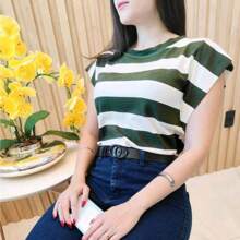Women's Viscolaycra Muscle Blouse Round Neck With Stripes Short Sleeve Summer Fashion Chic Premium - 軍綠色 - 查看 2