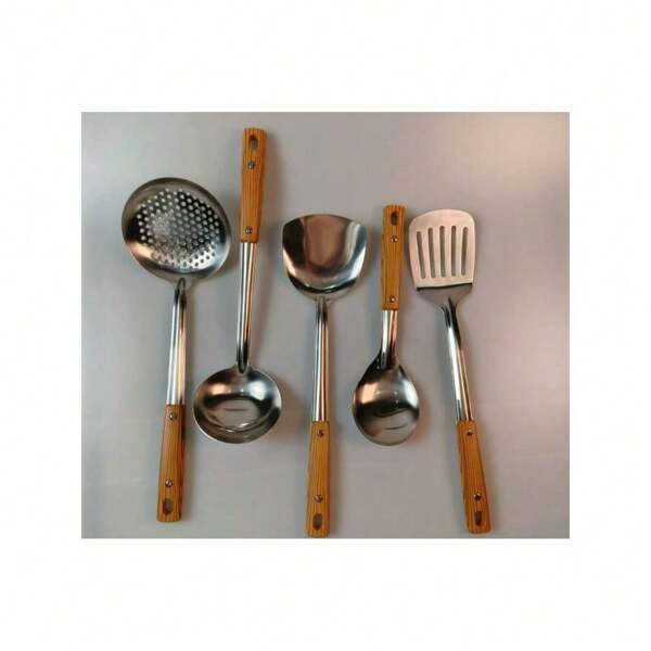 Conjunto de utensílios de cozinha de aço inoxidável grosso de 6 peças/conjunto, incluindo espátula para wok, concha de sopa, espátula para fritar, concha para panela quente, colheres de aço inoxidável em estoque e colher de arroz