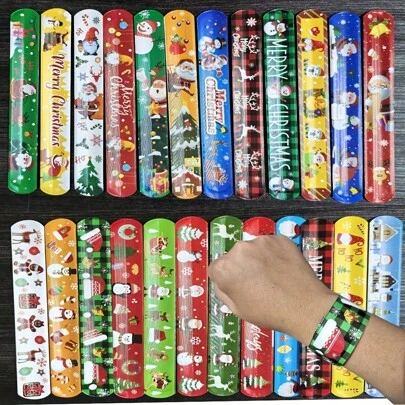 24 件圣诞节拍手手链/拍击手链，节日派对礼物，柔软亲肤材质，耐刮擦，耐用 PVC 和金属