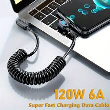 USB-C 雙彎頭伸縮彈簧快充線 6A 高速數據傳輸線 USB A 轉 USB C 兼容 Galaxy S25 S24 14 Android 手機配件充電線 USB Type C 易收納 - 黑色 - 查看 4