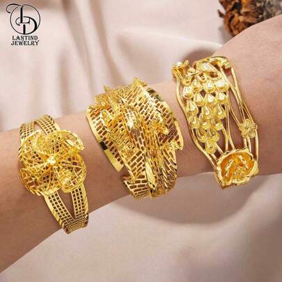 24K Gold Plated Hollow Design Flower Bangle & Ring Set, Elegant Dubai Style Fashion Bridal Jewelry