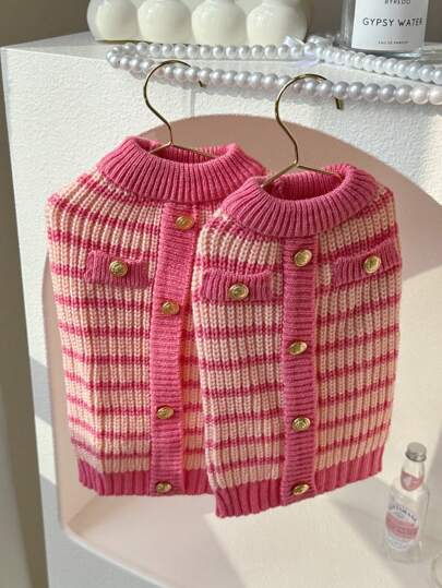 Suéter listrado rosa para animais de estimação, roupas quentes para cães/gatos, outono/inverno, raças pequenas