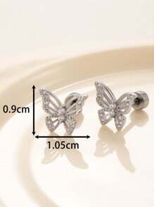 1 件闪亮镂空银色水钻蝴蝶 316L 不锈钢耳骨钉精致防水小耳环女士单只 - 銀色 - 查看 5