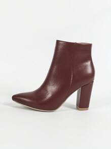Women's Burgundy Pointed Toe Chunky Heel Casual Elegant Fashionable Ankle Boots, Versatile Comfortable Warm Daily Wear And Dating Outfit, Show Taller