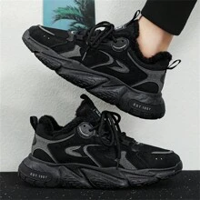 男士厚底运动鞋厚底运动鞋系带时尚街头风格超软鞋底加厚增高鞋底适合日常穿着的休闲鞋（冬季保暖内衬版） - 黑色 - 查看 5